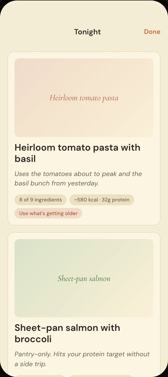Savréa Tonight screen — What's for dinner? — surfaces recipes from your pantry, tailored to your day.
