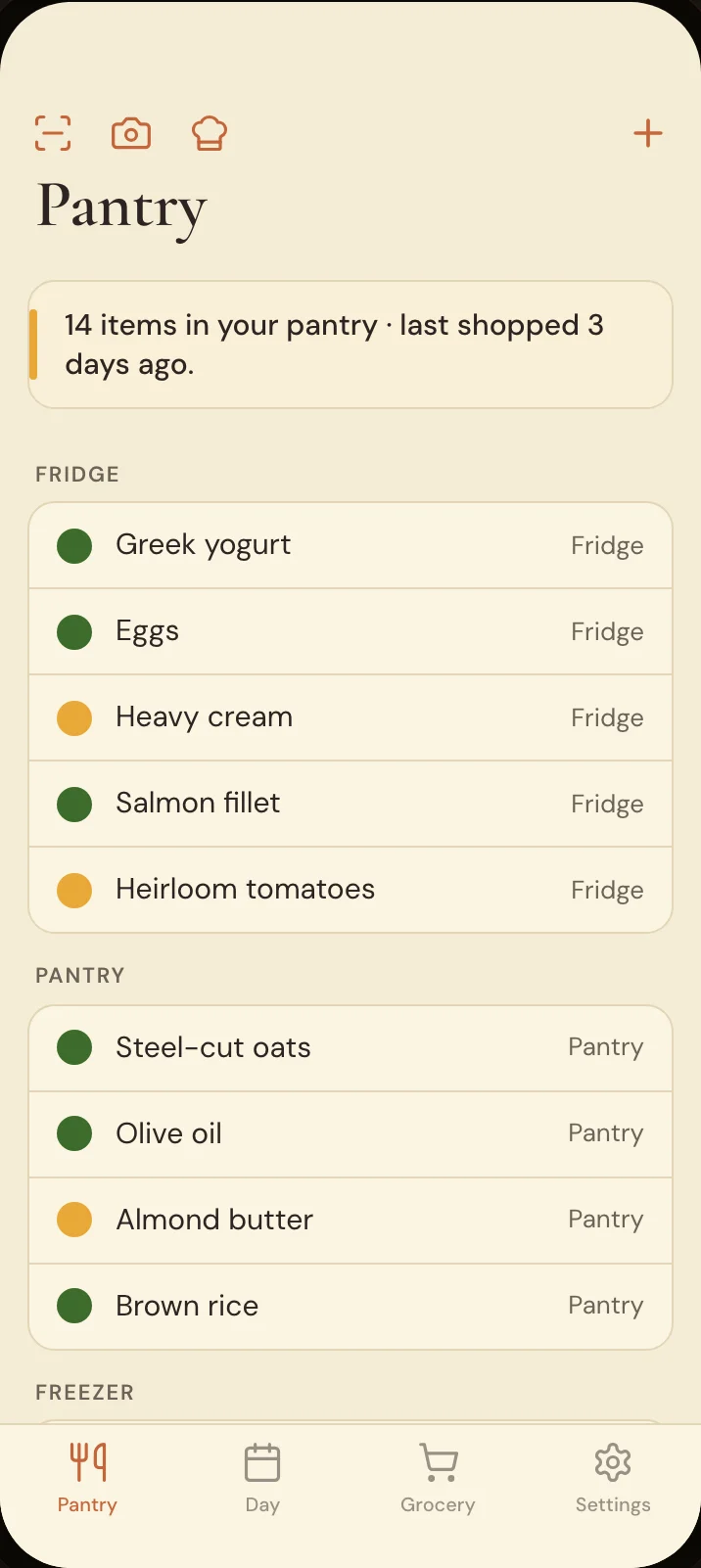 Savréa Pantry screen — We'll read your kitchen — your fridge, pantry, and freezer organized automatically from a few photos.