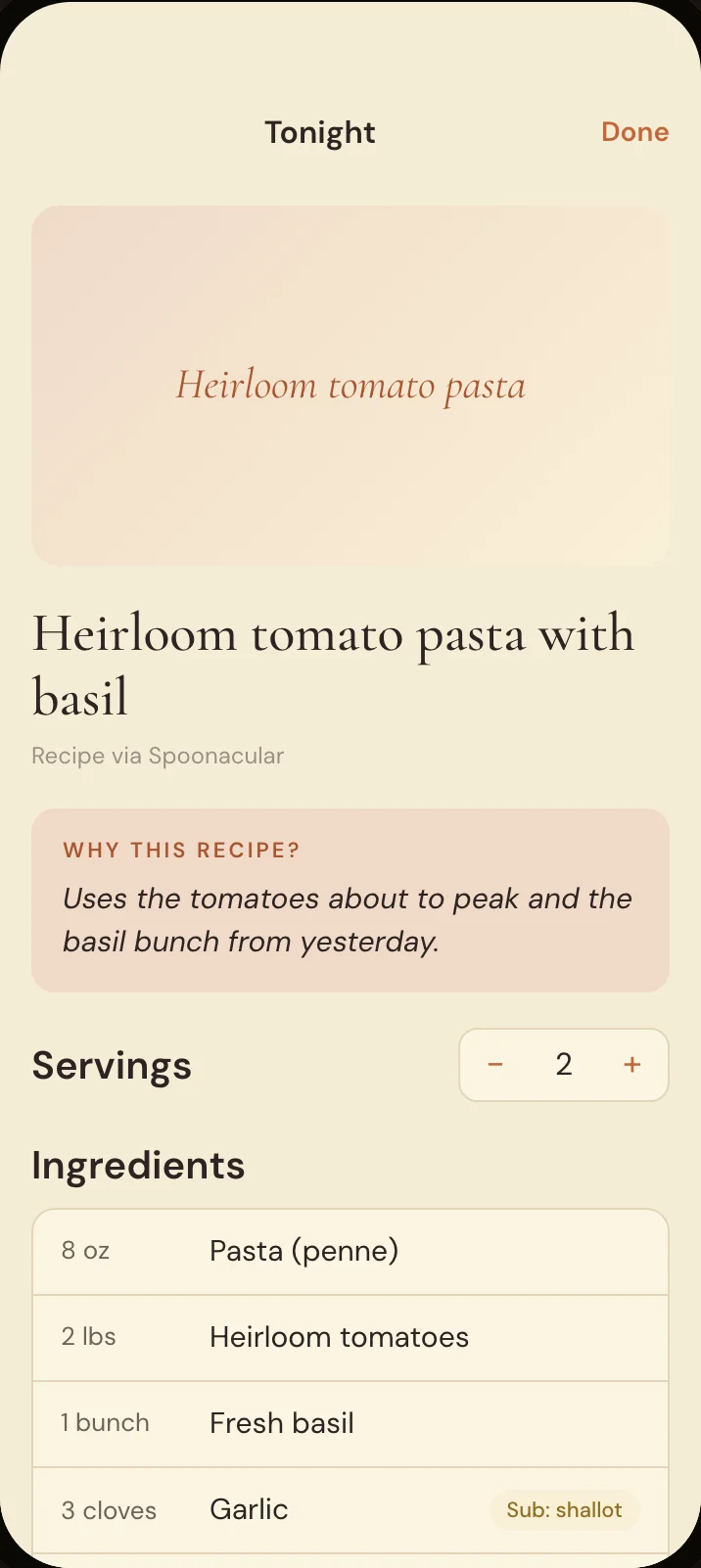 Savréa Recipe detail screen — Recipes from ingredients you already have.