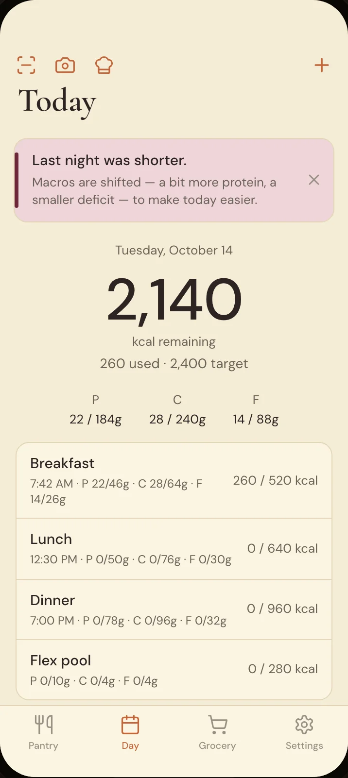 Savréa morning check-in screen — Two daily check-ins. That's it.