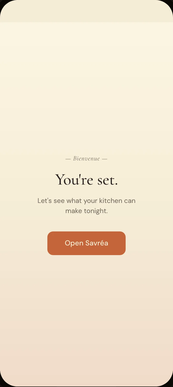 Savréa onboarding-complete screen — Bien manger, bien vivre.