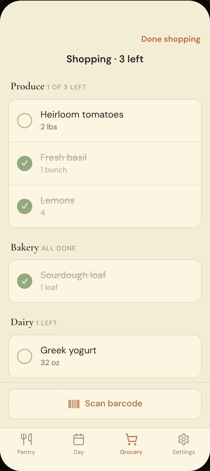 Savréa Grocery List screen — A smart shopping list built from your recipes.