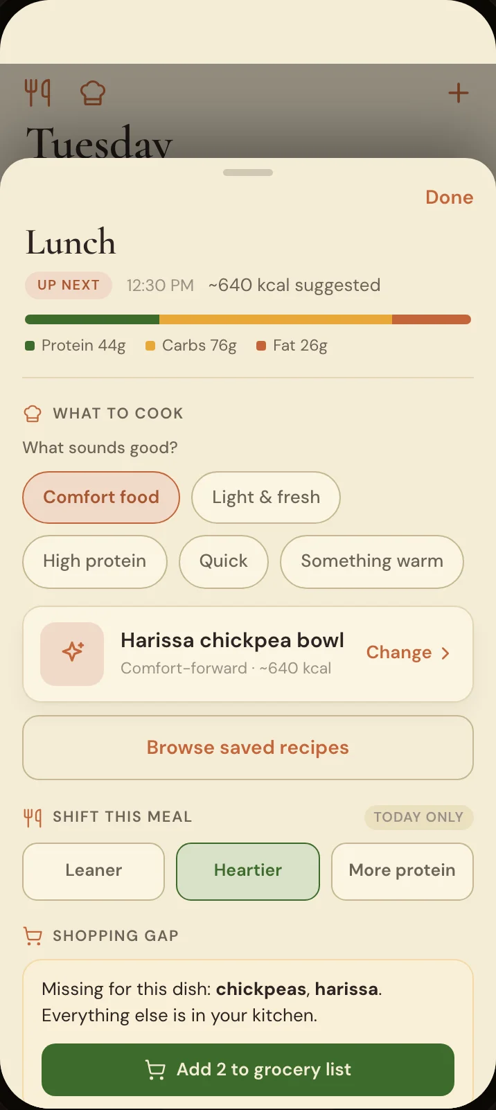 Savréa meal-plan sheet — Tune any meal to your day — pick what sounds good, shift it leaner or heartier, and add what's missing to your grocery list.