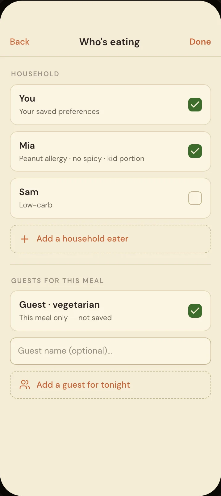 Savréa Who's Eating screen. Cooking for others: set your household and tonight's guests, each with their own allergies and preferences.