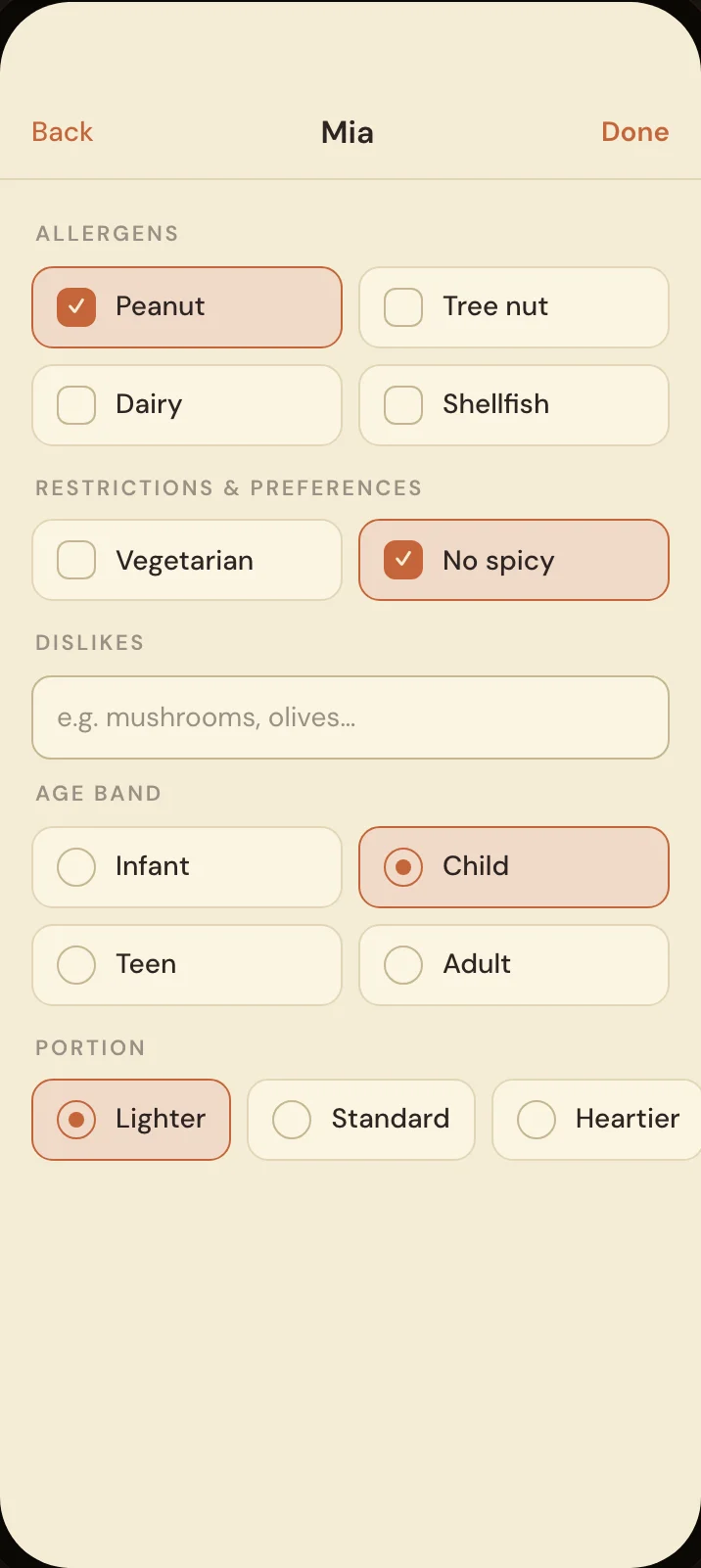Savréa per-eater needs screen. Each person's allergens, dietary preferences, age, and portion, so one meal works for the whole table.